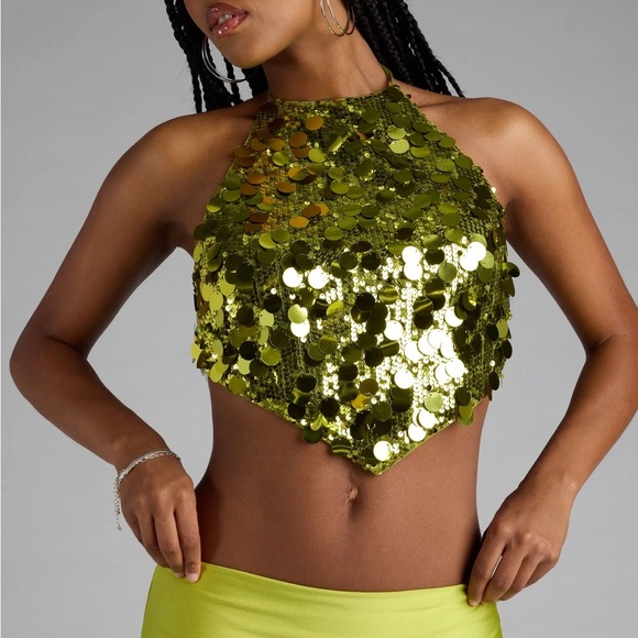 Windsor Women’s Chartreuse Sequence Halter Crop Top - Size M - Picture 1 of 4